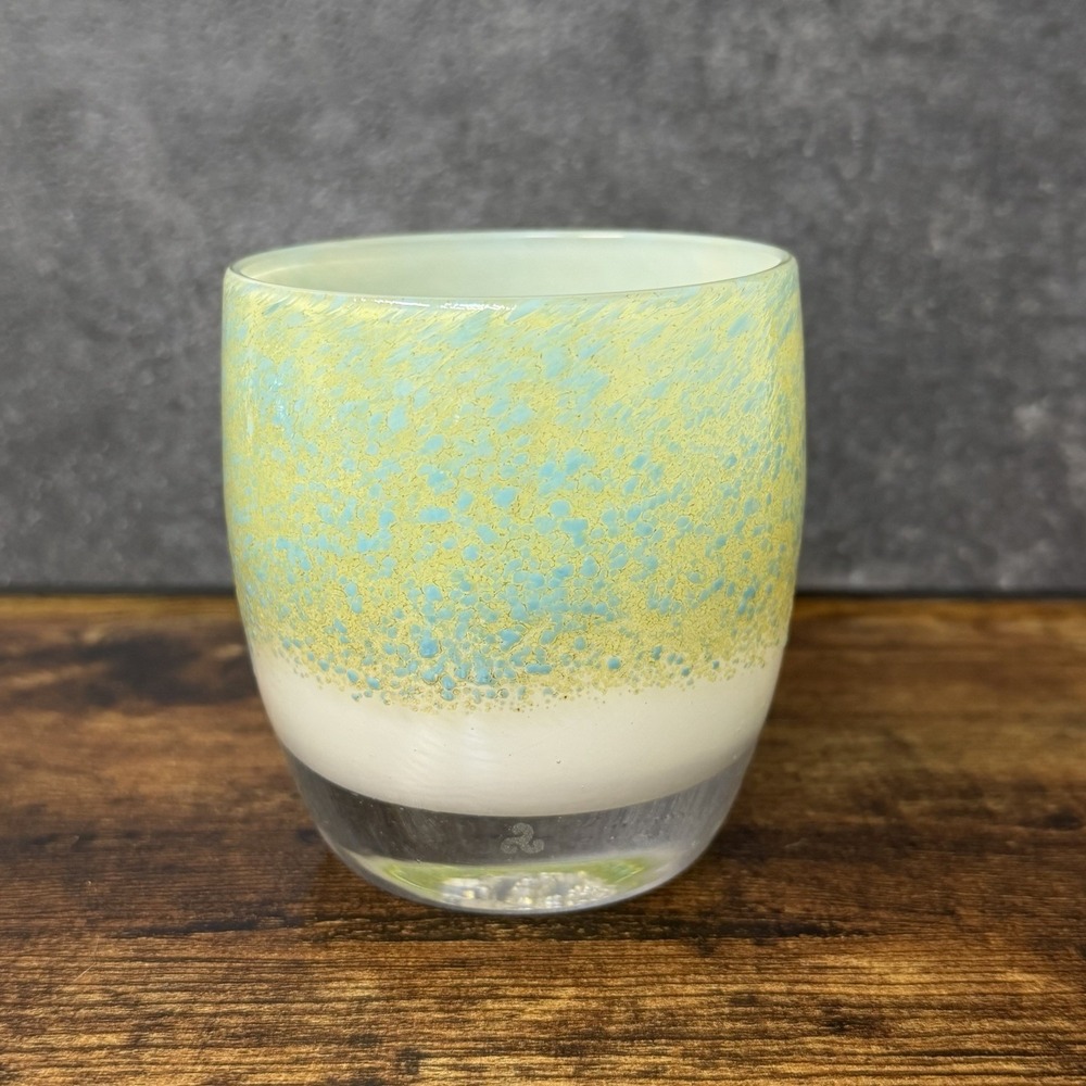 Glassybaby Candle Holder Above the Clouds #2230 Sticker Green Blue White